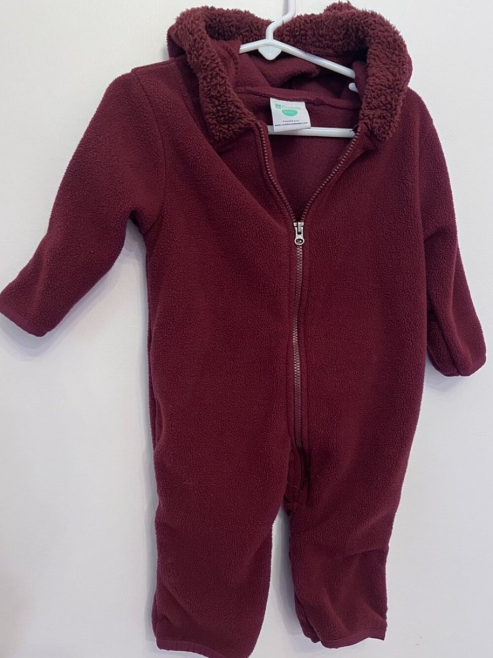 Cuddle Club Bear Fleece Bunting Hooded Romper – Maroon - 3-6 Months